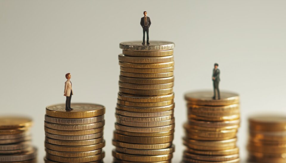 Auf unterschiedlich hohen Türmen mit Bargeld Münzen stehen Personen verschiedener Geschlechter. Der Turm, auf dem eine Frau steht, ist der kleinste. Sie schaut zu den anderen Türmen auf.