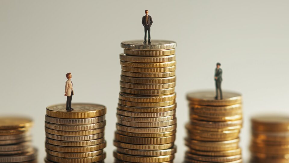 Auf unterschiedlich hohen Türmen mit Bargeld Münzen stehen Personen verschiedener Geschlechter. Der Turm, auf dem eine Frau steht, ist der kleinste. Sie schaut zu den anderen Türmen auf.